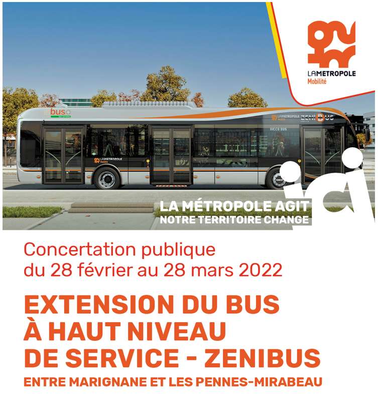   Extension de la ligne de Bus à Haut Niveau de Service entre Marignane et les Pennes Mirabeau (ZENIBUS) avec la mise en service de 2 lignes de BHNS (ZE